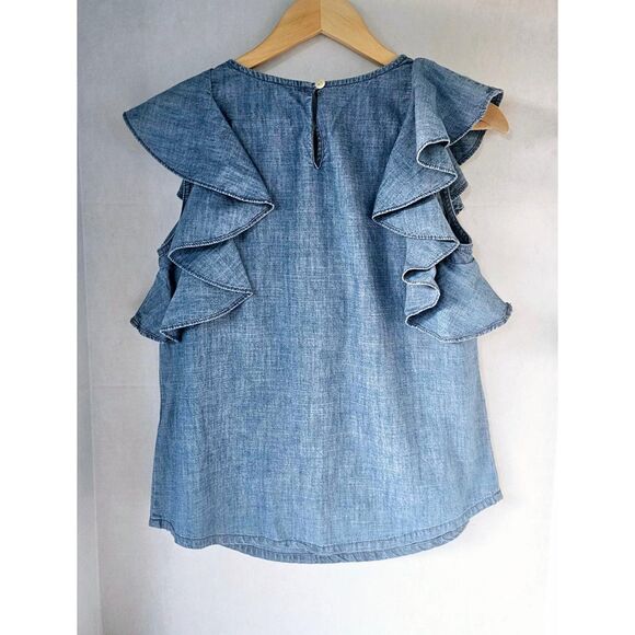 J. Crew‎ Ruffle Cotton Top in Chambray Pullover Size 0 - Picture 6 of 8